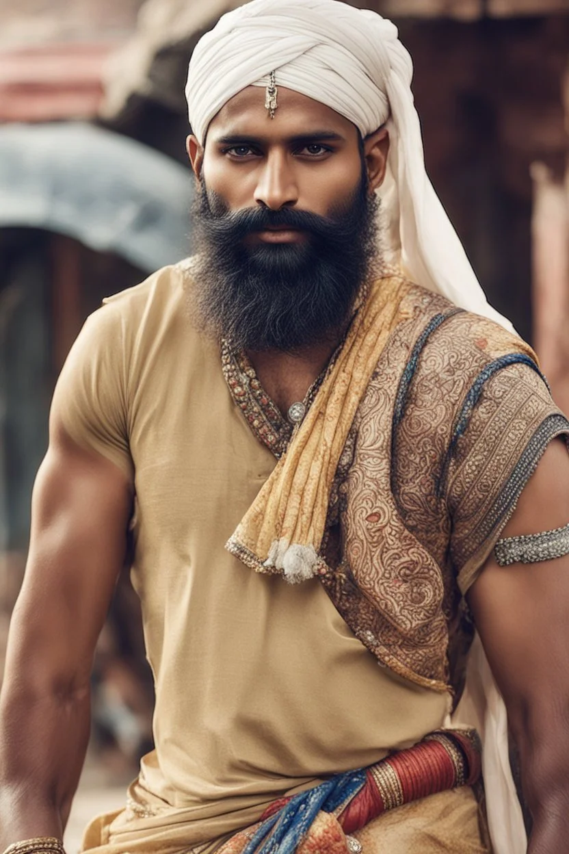 indian dude very indian with a beard and is punjab make him more punjab and young but is a warrior