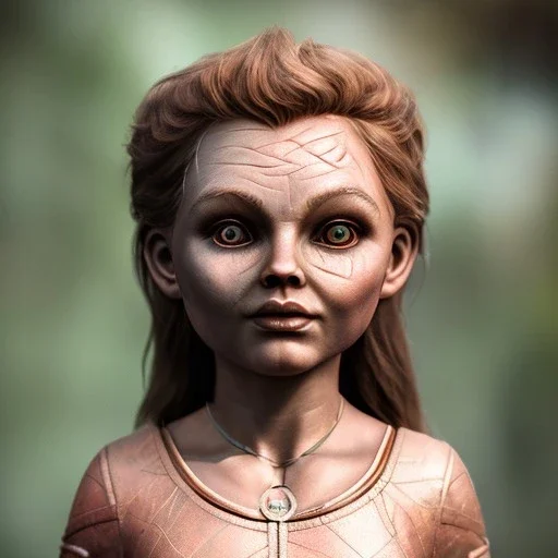 analog style, Celtic goddes, portrait, simmetric eyes, ambient, chucky wearing outfit, ultra realistic photo