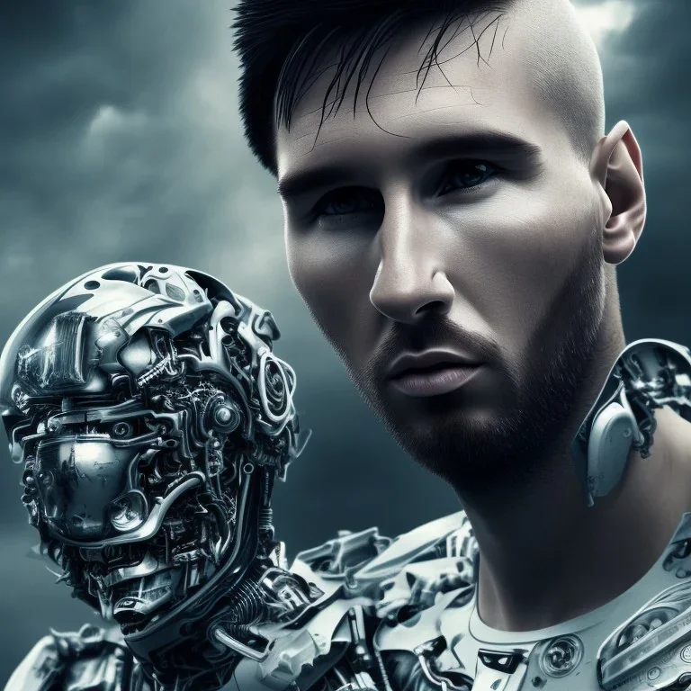 lionel messi perfect face and portrait post-apocalypse perfect cyborgs in a footbal stadium, sci-fi fantasy style, 8k,dark