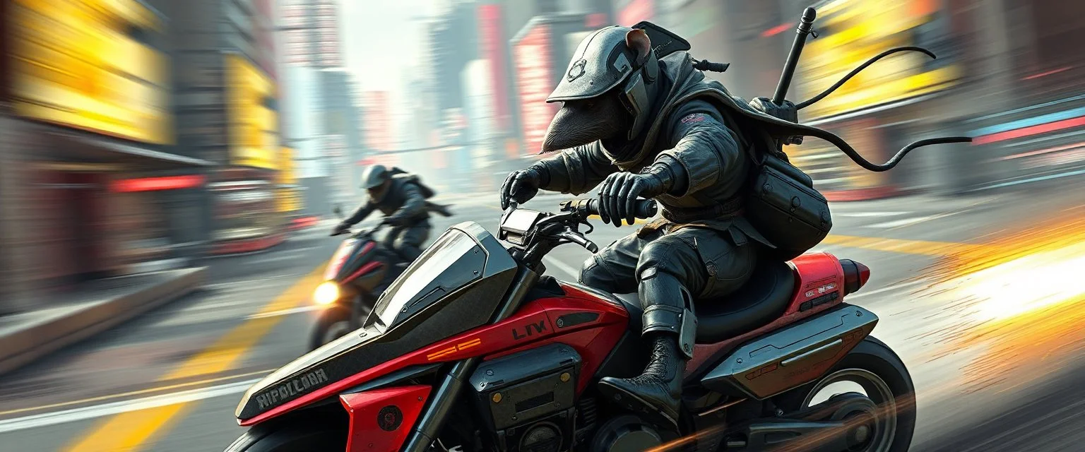 robotic ai pirate ninja in the style of fallout 4 hi speed rocket ship on leaning scooter in a swing, coated rat gremlin captain in high speed pursuit among neon spy vs spy rat cyber soldiers, with background motion blur, airbrush and pen outline, in the style of Fallout 4 and Cyberpunk and GTA5