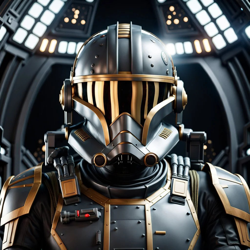 star wars bald male corellian pilot wearing dark gunmetal grey and black First Order special forces TIE pilot armored flightsuit and helmet with gold trim inside the jedi temple, centered head and shoulders portrait, hyperdetailed, dynamic lighting, hyperdetailed background, 8k resolution, volumetric lighting, light skin, fully symmetric details