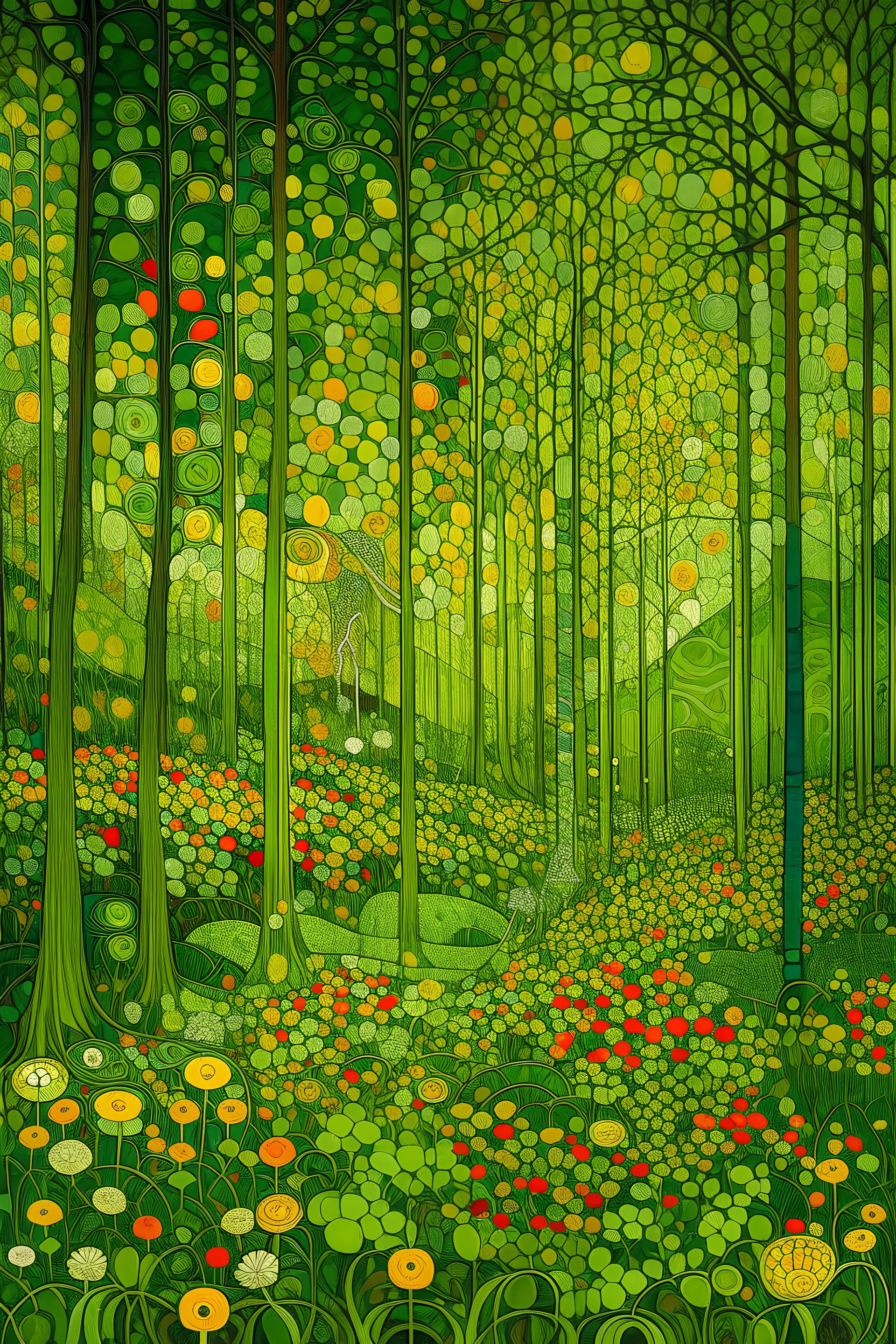 A green forest with praying mantis designed in ancient Greek mosaics painted by Gustav Klimt