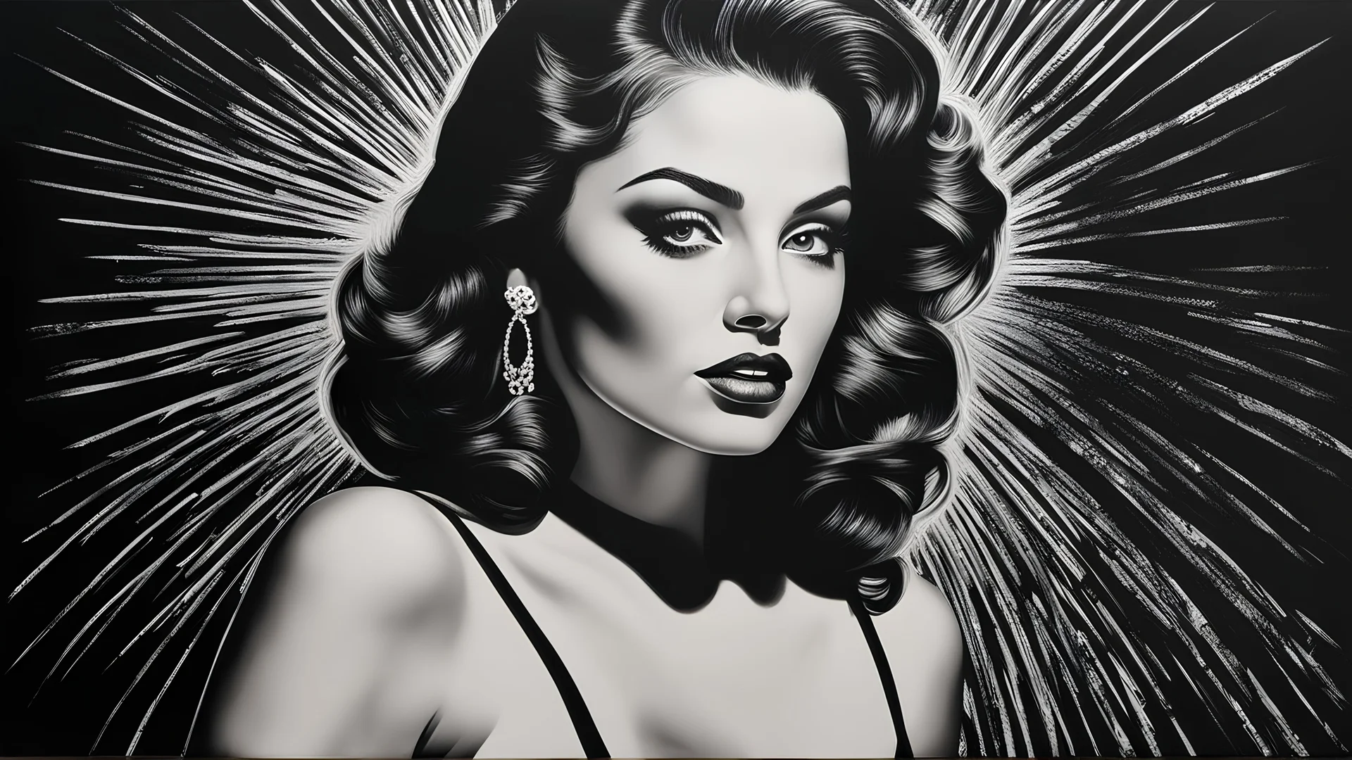 A black and white photo of a Hollywood Starlet, scratchboard artwork by Caroline Lucy Scott, photorealism, beautiful painting on black canvas, etching, oil on canvas, miranda meeks, black ink drawing, large pastel, ignacio fernandez rios,