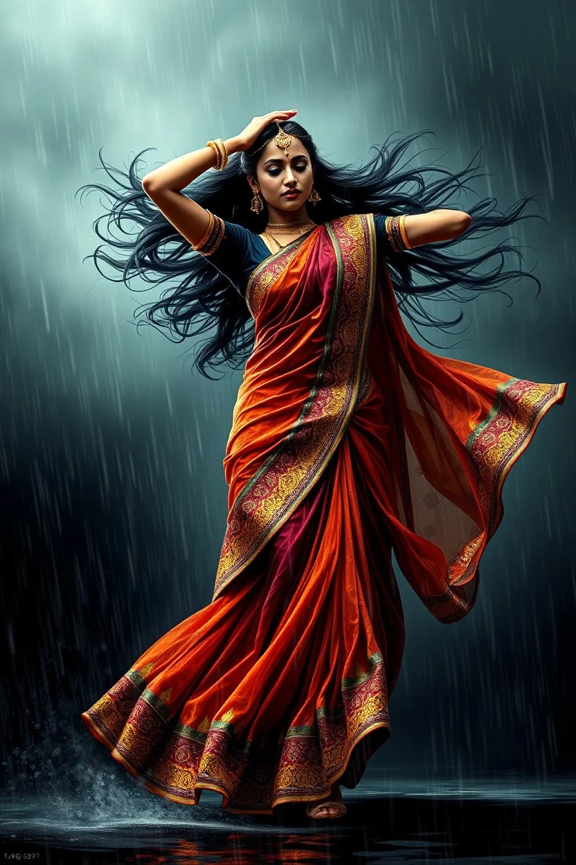 An enchantingly graceful Indian classical dancer, her movements fluid and mesmerizing as she dances amidst a stormy scene of wind and rain. The exquisite artwork captures her vibrant traditional attire, adorned with intricate patterns and vibrant colors, standing out against the dark, moody background. Every drop of rain and gust of wind adds to the drama and beauty of the image, drawing viewers in with its stunning visual storytelling.