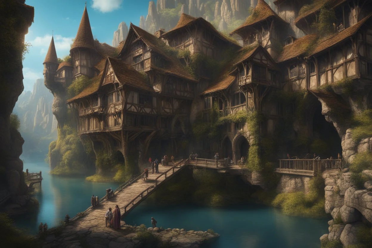 medieval buildings with balconies overhanging lake edge with blue sky and people, photorealism detailed matte painting, deep colour, fantastical, intricate detail, splash screen, concept art