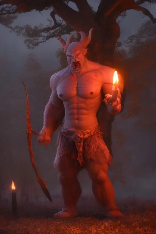 Full body photography of ethereal ANGRY ORC , Fire theme art, Dark moody night atmosphere, by Michelangelo, 8K, high body details, anatomically perfect body, oak tree roots, purple, red, armed with guns ,