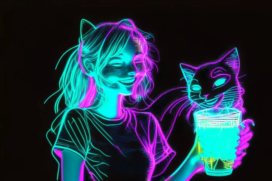 black background, outlines of a holographic happy girl with a cocktail and cat drawn from thin neon-coloured glowing lines