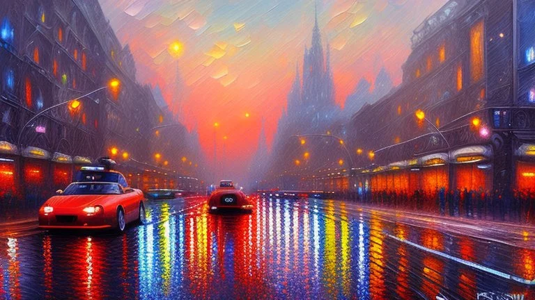 Modern city at night with modern cars, impressionism painting