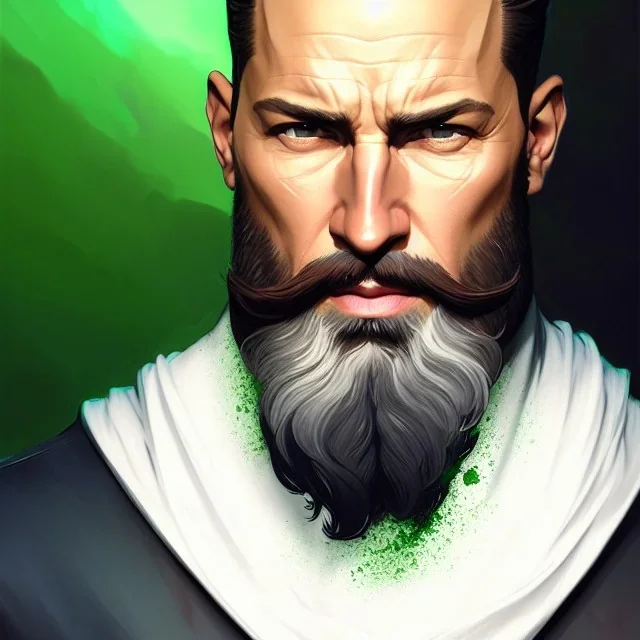 "MIddle aged white human male, with a trimmed but uneven beard, piercing green eyes with slick back hair,complete head and shoulders portrait, 8k resolution concept art portrait by Greg Rutkowski, Artgerm, WLOP, Alphonse Mucha dynamic lighting hyperdetailed intricately detailed Splash art trending on Artstation triadic colors Unreal Engine 5 volumetric lighting Splash art fantasy"