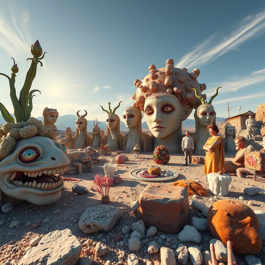 A striking photograph captures a sub-paracosm from a phantasmagorical universe made of glossy organic material, human statues, with group of plants and animals, eyes, teeth, figures, adorned with glossy minerals and rocks, eerie, wasteland, Yves Tanguy style, hypnotic, intense noon-light sun, 8k, deep 3d field, strong texture, extreme detail, intricate, colours, rich moody colors