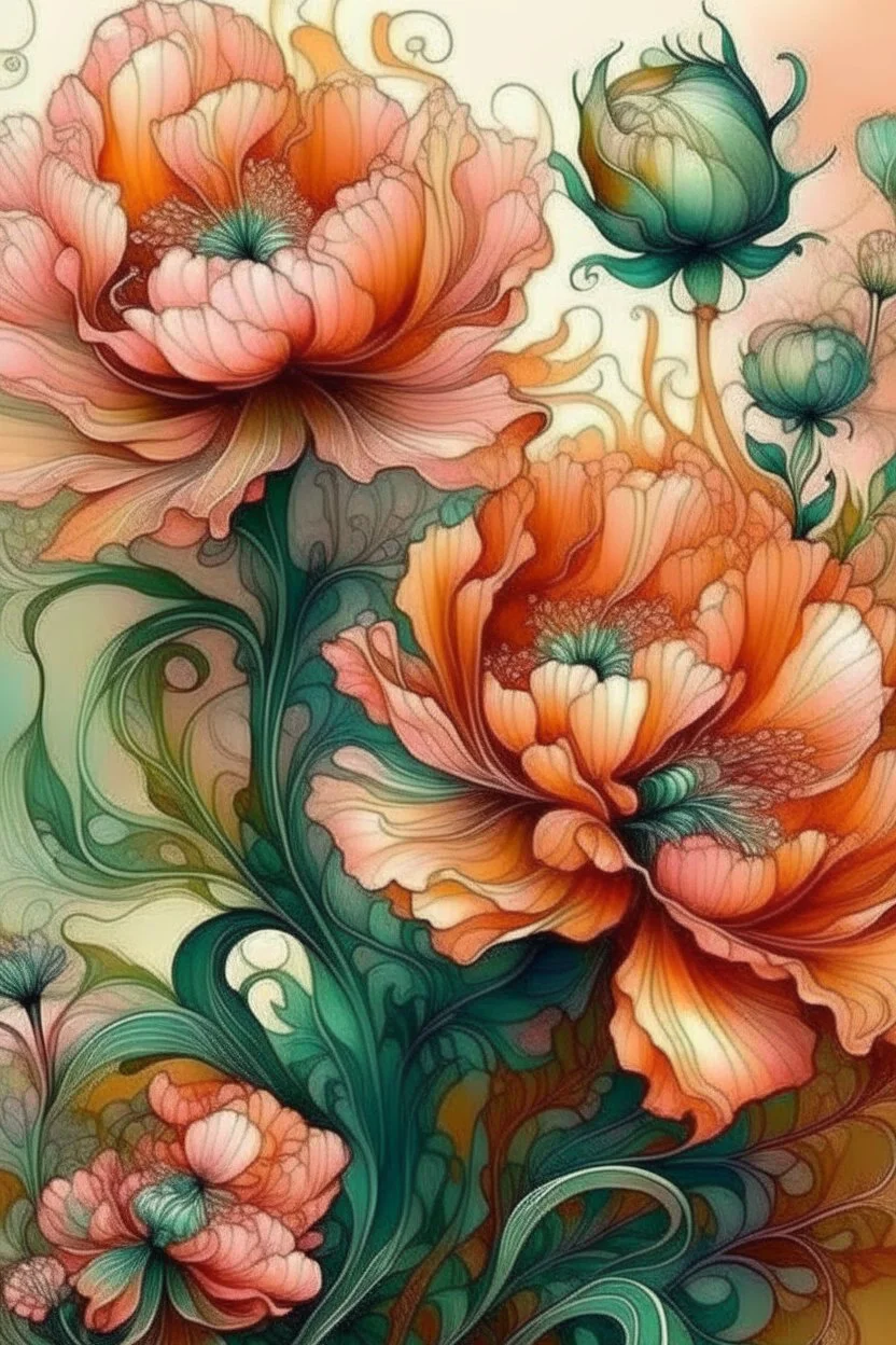 terracotta. dark botanical. juicy watercolor. perfect buds of fluffy furry mystical translucent flowers. on a long thin stem. large dew and sequins. filigree. the smoke fractal. sunny meadow. hyperrealism. hyperdetalization. outline the outline with a black pencil. graceful curves. volume. delicate pastel colors: pink, aquamarine, yellow, green, peach