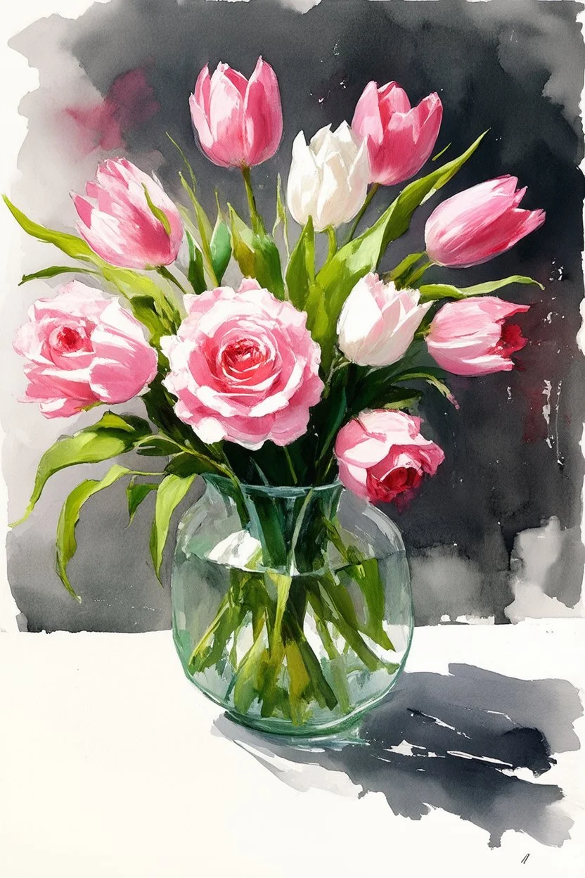 A watercolour and ink drawing of A vase of pale pink roses and pink and white tulips in the style of artist John Lovett