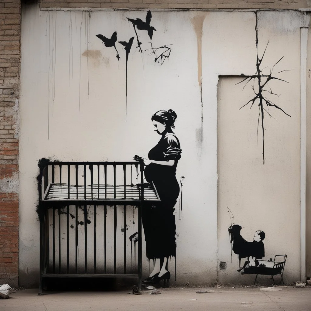 Banksy wall graffiti of a pregnant mother standing whistfully besides a crib, Style by Banksy, maudlin, moody