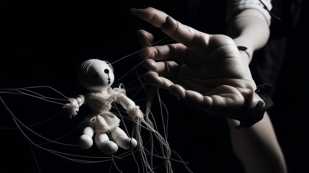 في الصورة، تظهر يد بشرية تمسك بخيوط دمية. اليد بيضاء ناصعة، بينما الخيوط سوداء داكنة. تمسك اليد الخيوط بإحكام، مما يوحي بسيطرة اليد على الدمية. تقف الدمية في الخلفية، وهي غير مرئية تمامًا. لا يمكن رؤية سوى الخيوط السوداء التي تمتد من اليد إلى الدمية. هذا يخلق إحساسًا بالغموض والتشويق. الصورة مأخوذة من زاوية عالية، مما يخلق تأثيرًا مهيمنًا لليد. هذا يوحي بأن اليد قوية وفعالة. الصورة ذات خلفية مظلمة، مما يخلق جوًا غامضًا ومثيرًا للاهتمام. هذا يعزز الموضوع العام للتلاعب، والذي غالبًا ما يرتبط با