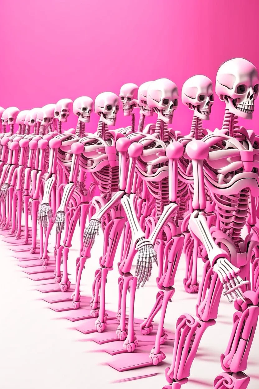 ‘Pink and White Metal Skeleton Army' depicts two very long rows of Pink and White Skeleton Soldiers Marching in Lockstep toward the viewer; Retrofuturism, Pop Art; constructivism