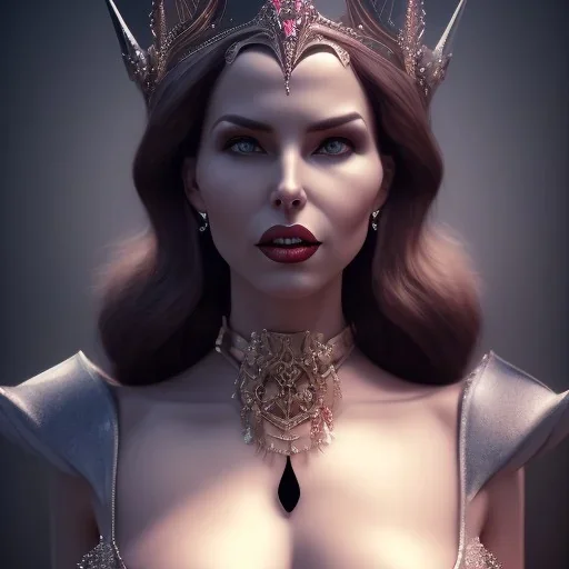 Teresa Orlowski as evil queen in black leather, busty, cleavage, angry, stern look. character design by cory loftis. unreal engine 5, artistic lighting, highly detailed, photorealistic, fantasy