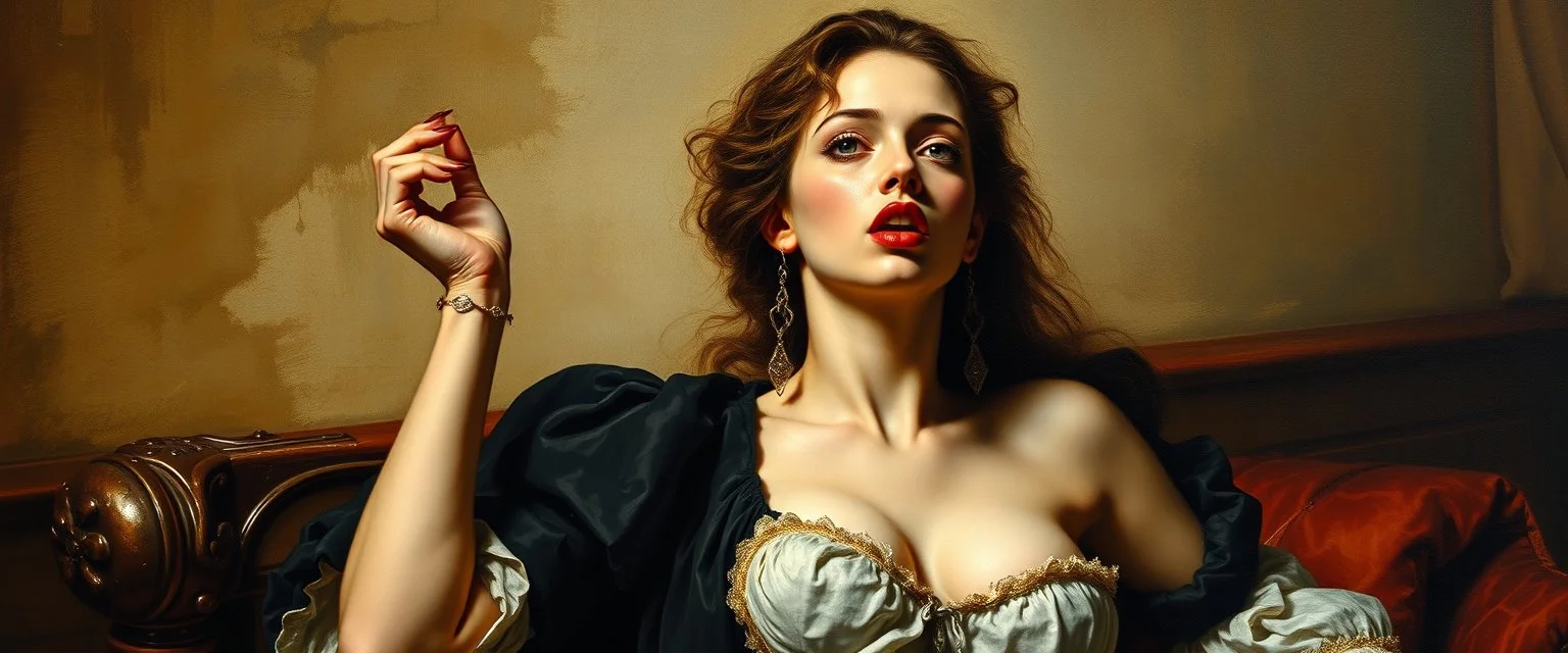 master oil painting by Rembrandt, good afternoon bitch scary hot seductive female stylistic poster, in the style of basic instinct