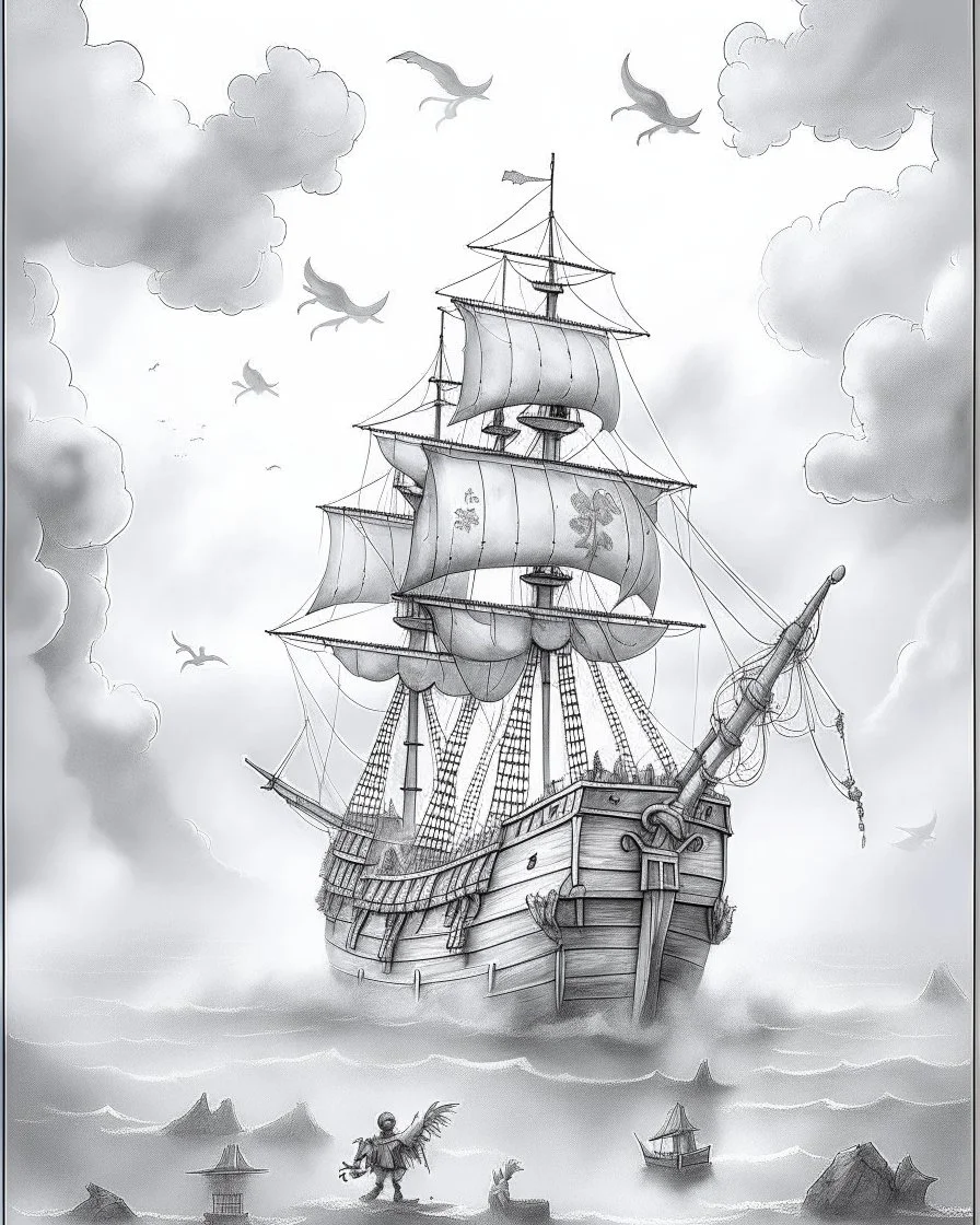 Pirates of the Caribbean: Ghostly Ship in the Mist Coloring Adventure: Design an intriguing coloring page inspired by the Pirates of the Caribbean movie, featuring a ghostly pirate ship emerging from thick fog. Encourage young artists to embrace the mysterious atmosphere, playing with shades of gray to create shadows and highlights. Minimize background and lines, allowing kids to immerse themselves in the eerie scene as they bring this ghostly ship to life in their unique black-and-white creatio