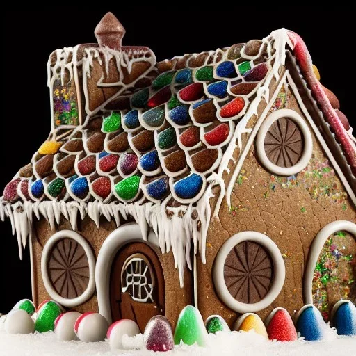 an intricate hobbit-style gingerbread house with rainbow sprinkles, frosting, crushed rock candy, 8k resolution, centered, high-quality, ultrafine-detail, digital art, flickering light, detailed matte, volumetric lighting, illustration, 3D octane render, brian froud, howard lyon, ben goossens, George Grie, greg rutowski, alphonse mucha