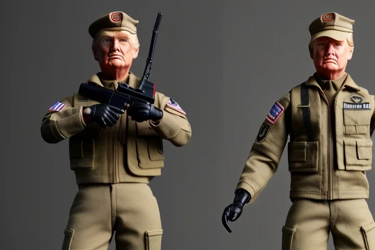 G.I. Joe doll soldier Donald Trump, gun,boots, beret, high definition, elbow, legs, hands, chubby