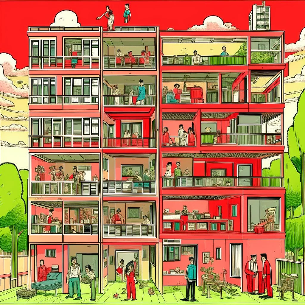 A vertical cross section of a multi-story building showing various rooms and inhabitants, including a person in a red shirt reading at a desk, another person dressed in pink washing clothes, and an elephant in a room with a red wall, with a sky sunny outside