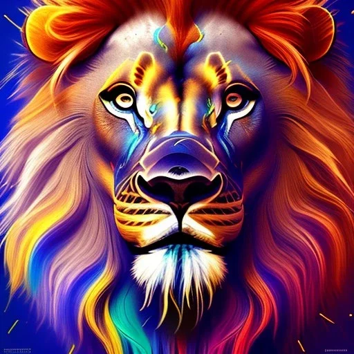 Lion portrait, bright colors, splash paint, centered, detail, 8k resolution, octane render