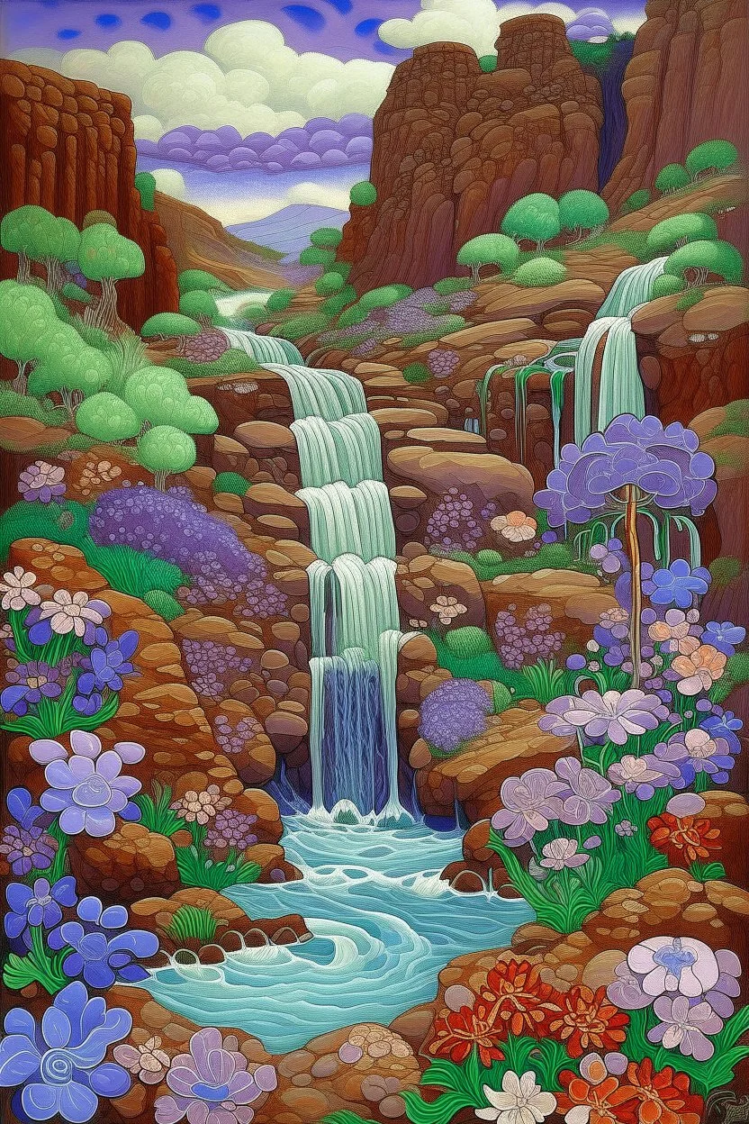 A violet cascade waterfall with fossils designed in Navajo baskets painted by Paul Ranson