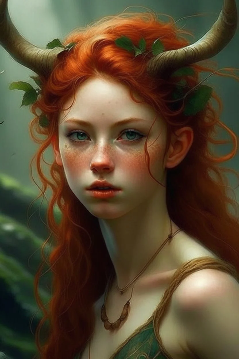 pretty girl, aged 17, ginger, conventionally attractive, realism, dreamy, tight top, faun, satyr, full length