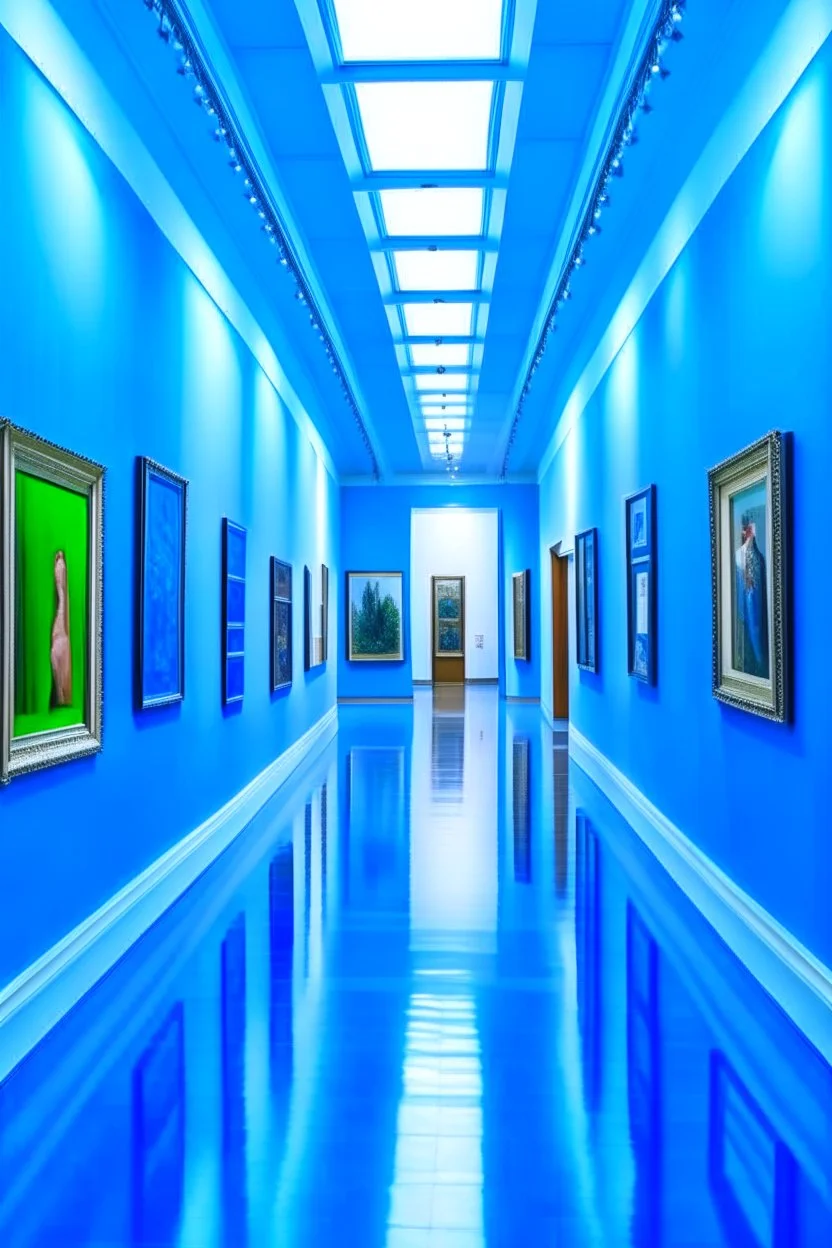 A museum of paintings with blue walls and a white floor