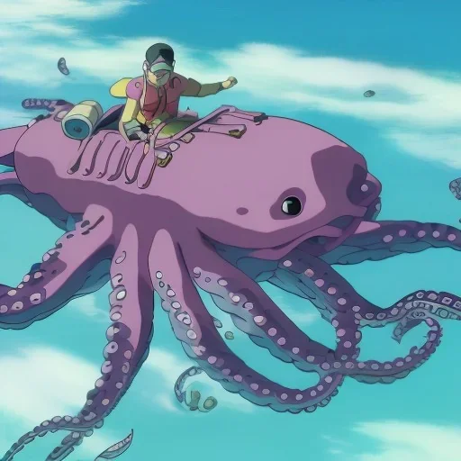 Diver riding a big octopus