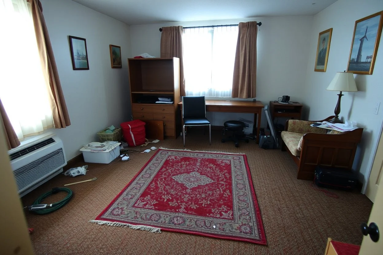 messy motel room, worn carpet, rectangular outline where rug used to be, harsh flash lighting, poorly framed, candid photo, documentary style