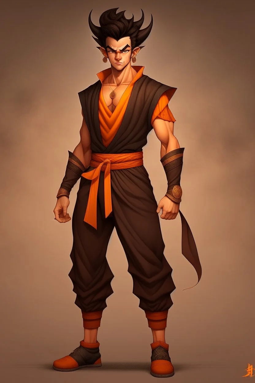 Full Body, Male Tiefling, monk, body shape as Super Sayian Goku, boxer pose, dark outfit colour theme, Handsome face