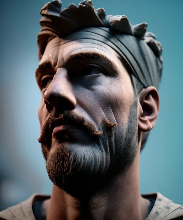 Gran angular, Realistic image, roman sculpture, marble material, Lionel Messi with Laurel wreath model, miguel angel style, emperador, God light, god rays, 4k resolution, perfect details, ornate details, soft lighting, unreal engine 5, soft cyan background.