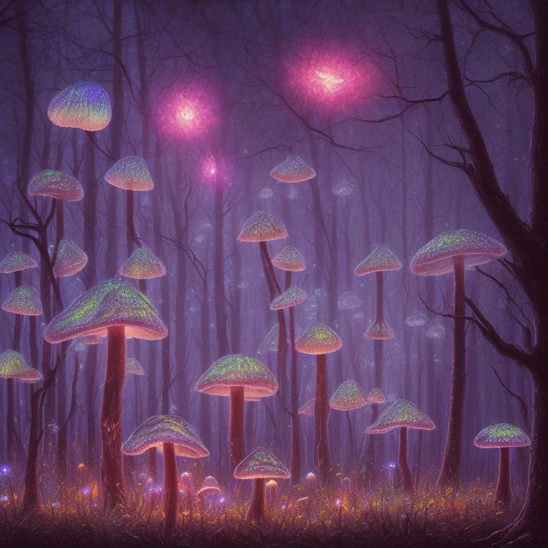 gouache painting, a nightly dark foggy forest with dozens of randomly placed and coloured ( iridescent bioluminiscent translucent ) mushrooms, fireflies, realistic, sharp focus, 8k, hd, dof, insanely detailed, intricate, elegant, volumetric lighting, volumetric clouds, backlight, soft glowing colors, curvature shader