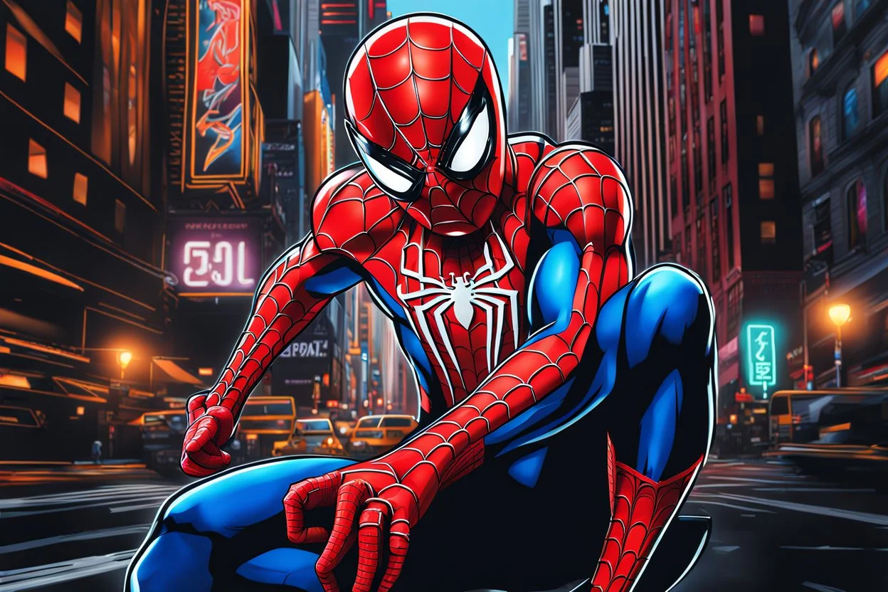 Spider man in 8k sci-art drawing style, neon, New York, highly detailed, high details, detailed portrait, masterpiece,ultra detailed, ultra quality