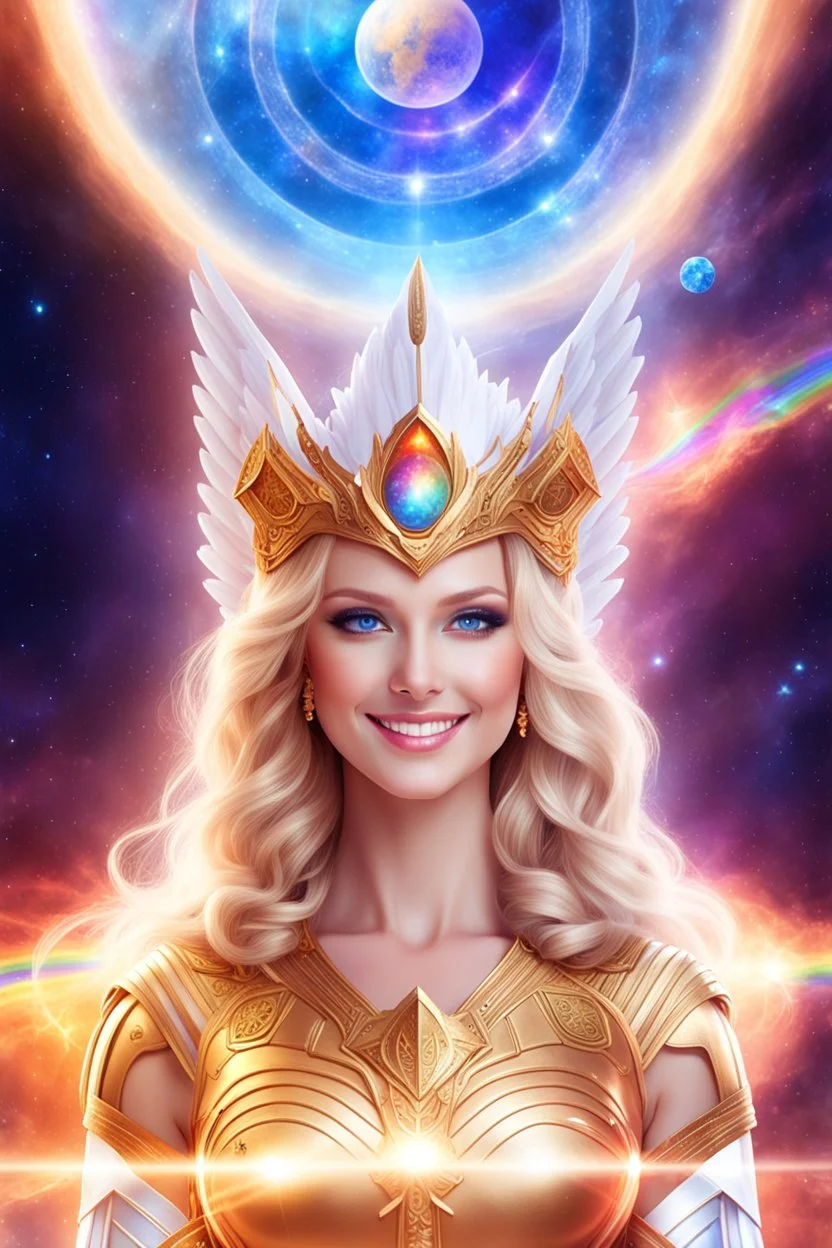 cosmic woman angels smile, admiral from the future, one fine whole face, crystalline skin, expressive blue eyes,rainbow, smiling lips, very nice smile, costume pleiadian, Beautiful tall woman pleiadian Galactic commander, ship, perfect datailed golden galactic suit, high rank, long blond hair, hand whit five perfect detailed finger, amazing big blue eyes, smilling mouth, high drfinition lips, cosmic happiness, bright colors, blue, pink, gold, jewels, realist, high commander,ufo rainbows