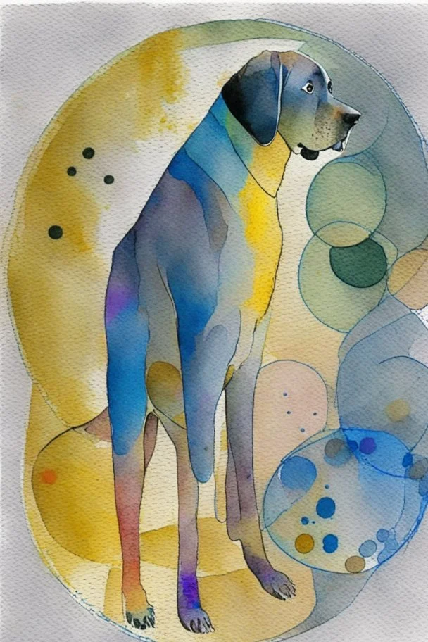 abstract watercolour of a Labrador dog in the style of paul klee with circles of colour and sketchy thin inky lines