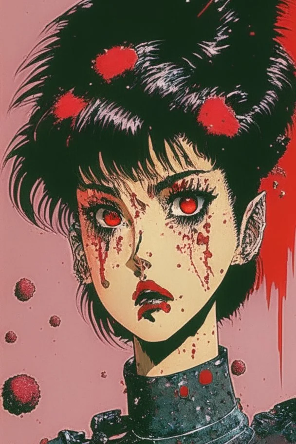 90s old school anime illustration, sci fi, portrait of a tough female space Captain girl, beautiful symmetrical face, Androgynous, pixie style haircut, sparkling or glittering black hair, pixie cut, blood splattered on her scared, rattled and shook face, space uniform is tattered and ripped with dripping blood, as if she just escaped torture, depraved art, junji ito style, pulp science fiction aesthetic, rotoscoping, violent background and undertone, space battle, feminist art, japanese horror