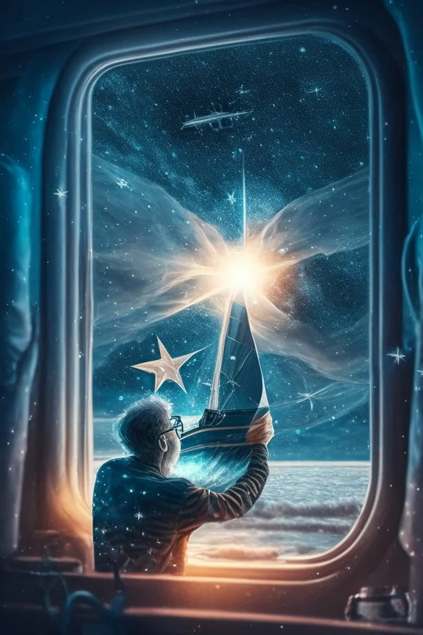 doctor cutting glasses off patient , with background star field seen in the window of a boat, 4 k, trending art, depth of field