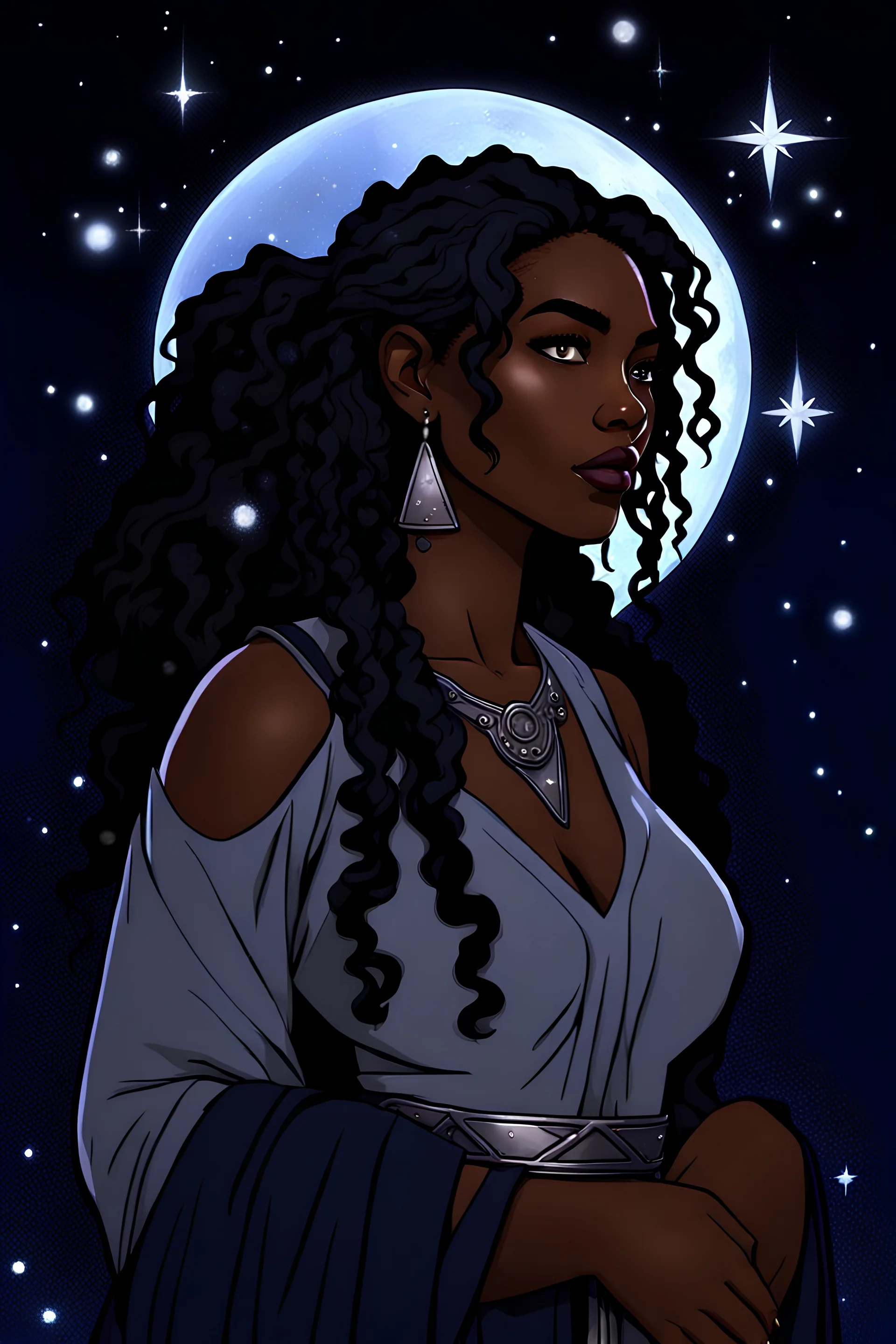 28 years old light skin black woman, silver star flecks on skin, dnd character art, human, d&d circle of stars druid, thick curvy woman, silver colored eyes, thick black very long curly hair in high ponytail, simple adventure clothes sheer flowy dark midnight blue top, simple silver stars constellations accessories ,black colored pants, renaissance style clothes