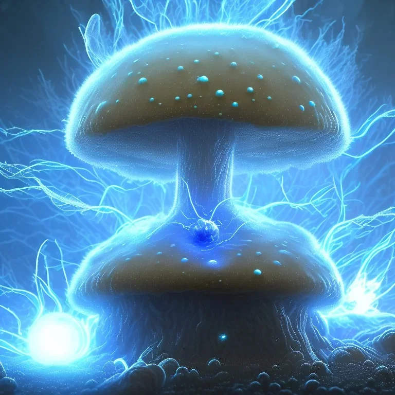 Spherical Frost metal magic armoured lightning Mycelium giant blob MUSHROOM flower erupting with BLUE FLAMES stars lANDSCAPE