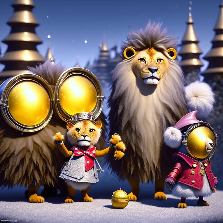 cute fluffy lion, scarecrow, tin-man, little girl on a journey into the woods walking on a yellow brick road, cute adorable pop surrealism, lowbrow art, realistic, street fashion, fluffy , pixar style, hyperrealism, rococo, Pixar, Disney, concept art, 3d digital art, Maya 3D, ZBrush Central 3D shading, bright colored background, radial gradient background, cinematic, Reimagined by industrial light and magic, 4k resolution post processing 8k resolution holographic astral cosmic illustra