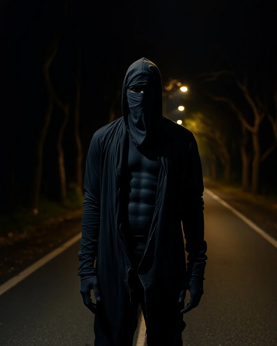 a stalky darkman standing with gaps between the bandage wraps revealing a hollow emptiness, on a treed roadway at night