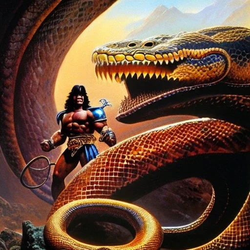 portrait of 'Conan fighting a Giant Snake',ancient metal armor,painting by Earl Norem, simon Bisley,frazetta evan lee, Vallejo, oil on canvas, cinematic composition, extreme detail,fit full head inside picture,8k