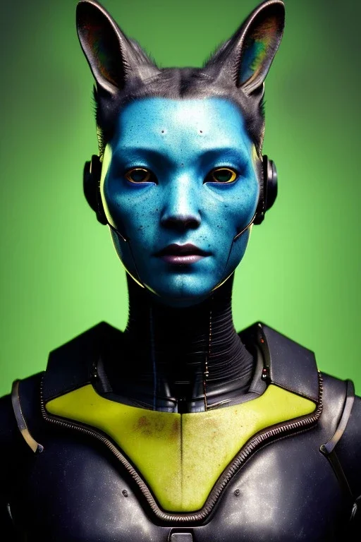 Medium Close Up Portrait, Front image. cyberpunk, rabbit mask, teenager, asian woman, cyber head. Latex dress. Yellow, black, color. Mad max style. Color background, photo studio. Avatar image, highly detailed, concept art, smooth, unreal engine 5, ray tracing, RTX, lumen lighting, ultra detail, volumetric lighting, 3d, finely drawn, high definition, high resolution.