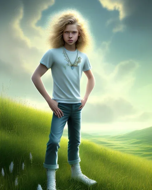 full length photograph of a beautiful 12 year old boy with long, blonde curly hair and light blue eyes, smiling, standing on a green hill in summer, highly detailed, smooth, photorealistic, digital art, HDR