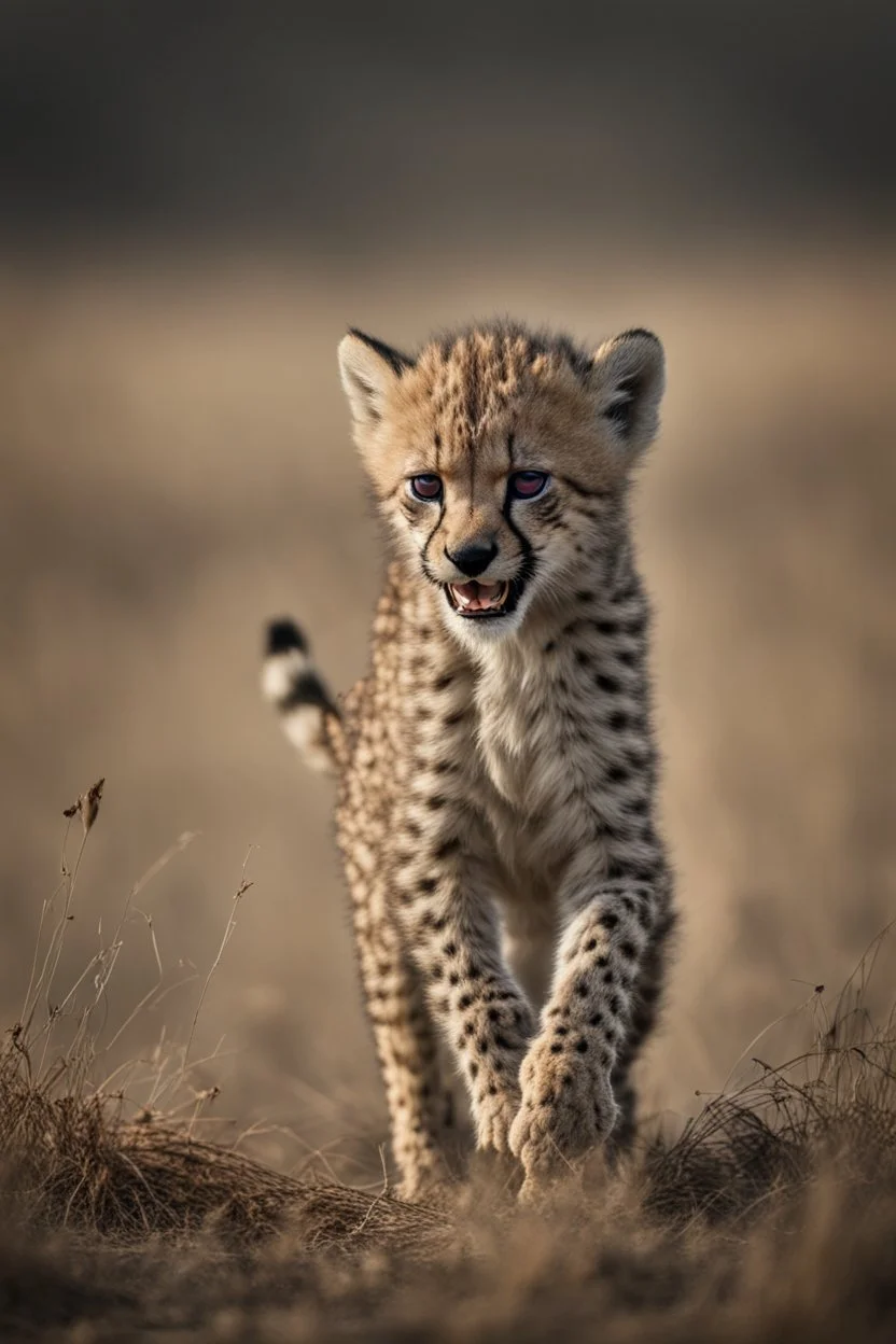 A captivating image of a attacking angry Cheetaah Cub in its natural habitat., poised on a vast field with a stark contrast between light and dark, conveys a powerful sense of tension. In this expertly captured photograph, the predatory animal stands tall, its muscular frame oozing strength and dominance. The sharpness of every detail accentuates the creature's primal aura, from its razor-sharp teeth and piercing eyes to its sleek, glossy fur. This mesmerizing image.