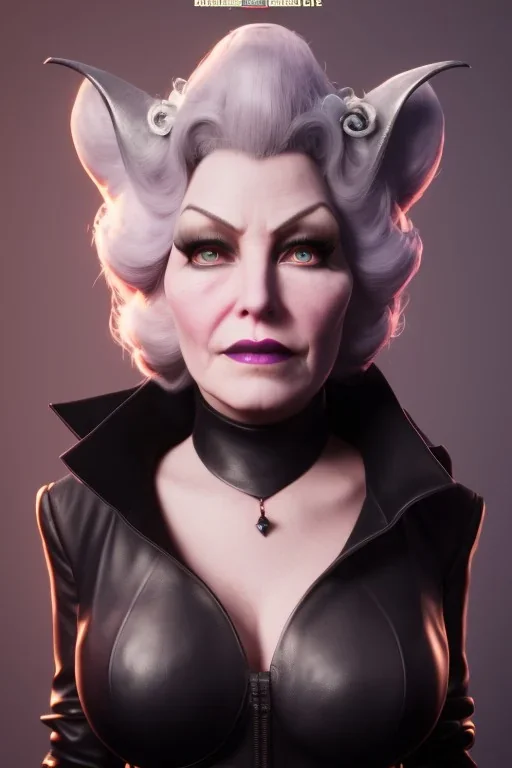 Mae West as evil queen in black leather, leather, busty, cleavage, angry, stern look. character design by cory loftis, fenghua zhong, ryohei hase, ismail inceoglu and ruan jia. unreal engine 5, artistic lighting, highly detailed, photorealistic, fantasy