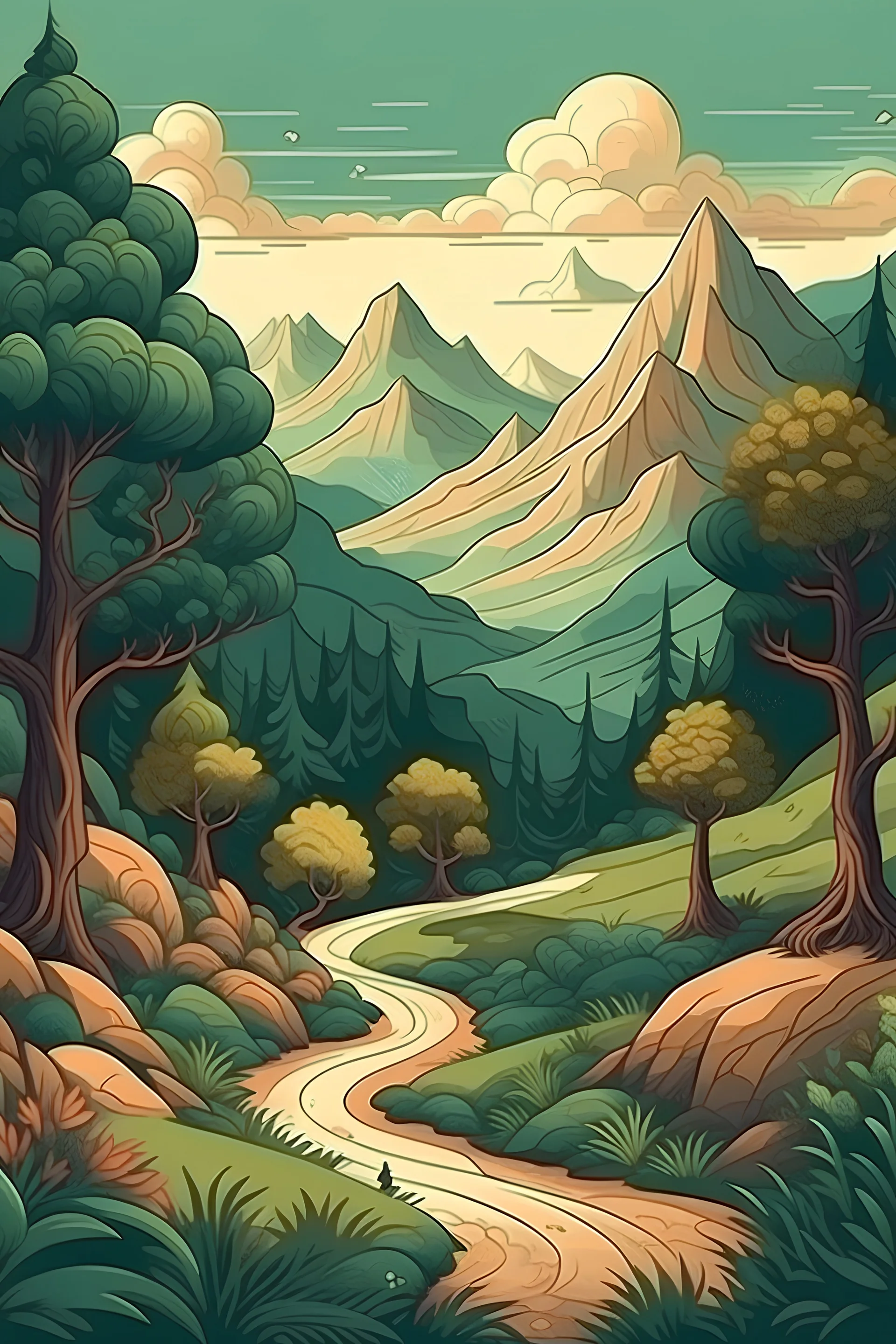 mysterious landscape with mountains trees plants a path in the style of olivier b bommel