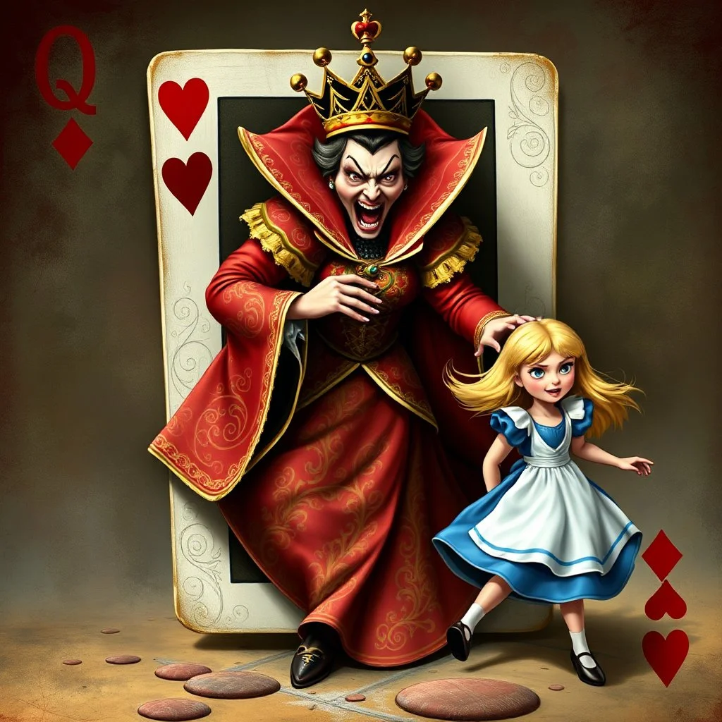 The Queen of Hearts, in a lavish red and gold gown with intricate patterns, a regal crown, and an angry expression, bursts dramatically from a playing card marked with a red 'Q' and hearts in each corner. Her form shifts from flat to 3D as she emerges, reaching menacingly toward a frightened Alice, who has blond hair flowing behind her as she flees in a blue dress with a white apron. The background blends card motifs with a whimsical, intense storybook atmosphere.
